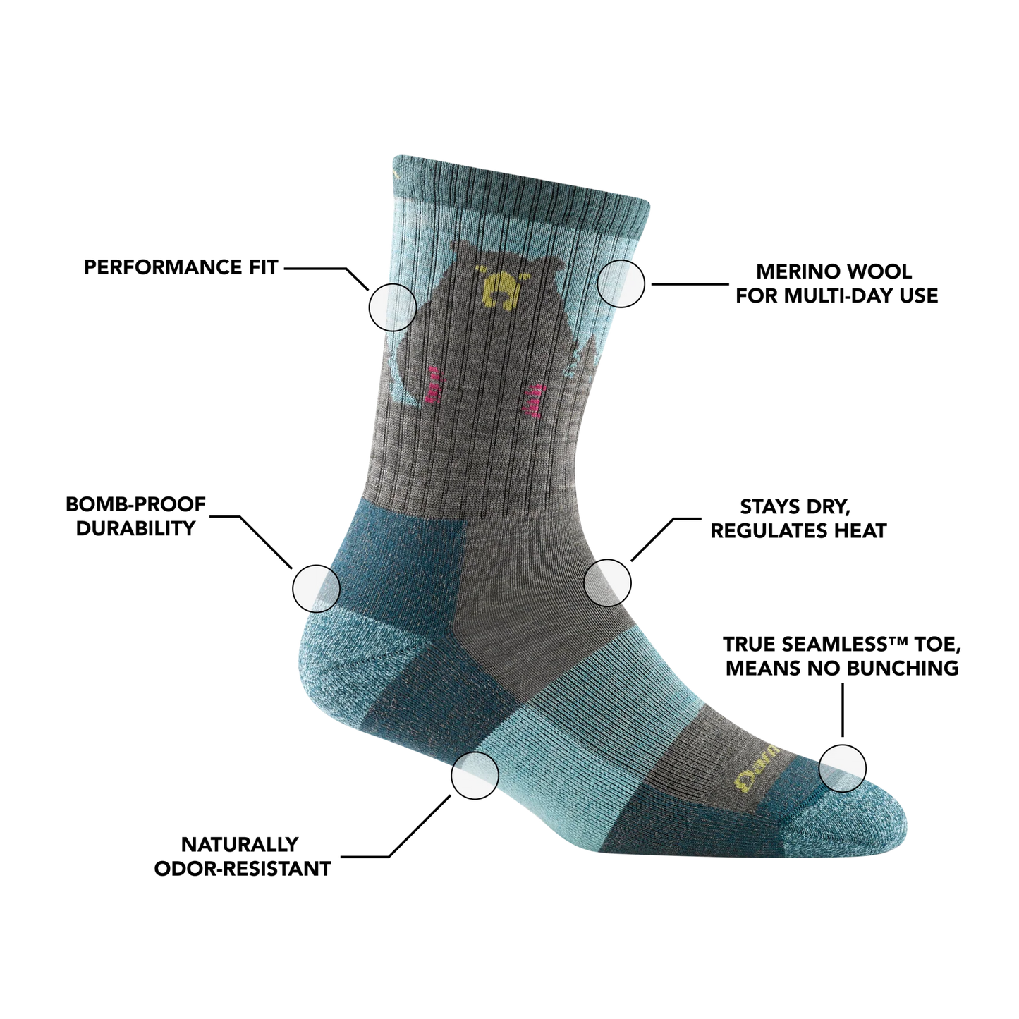 Bear Town Micro Crew Lightweight Hiking Sock in Aqua