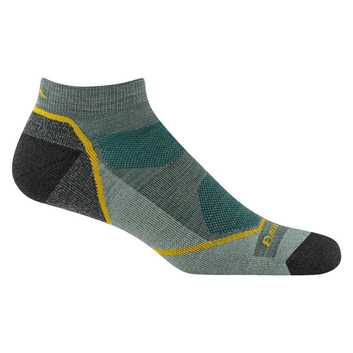 Gray and green sock with yellow accents on a white background