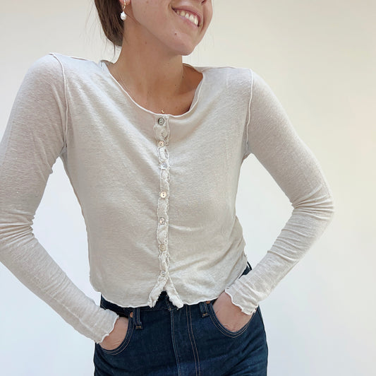 Cropped Fine Linen Blend Cardigan in Jicama