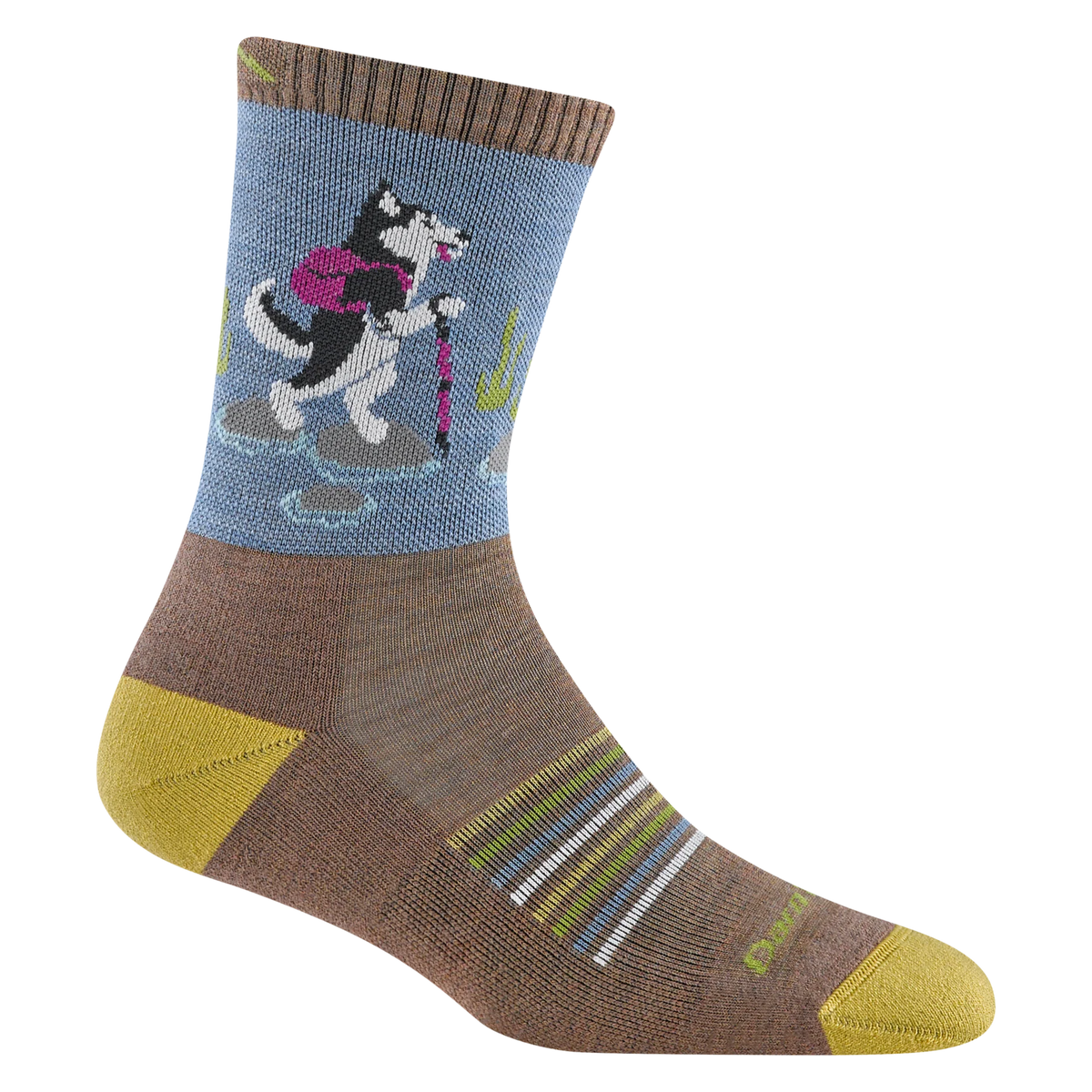 Sock with a design of a dog hiking on a mountain, on a white background