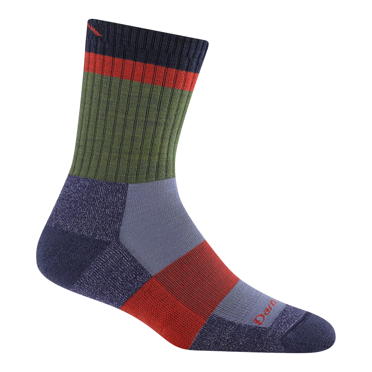 Multicolored sock with red, green, blue, and purple stripes on a white background