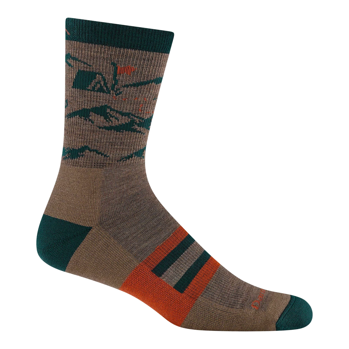 A single crew sock with a brown and dark green mountain pattern, featuring orange and dark green accents on the heel, toe, and sole.