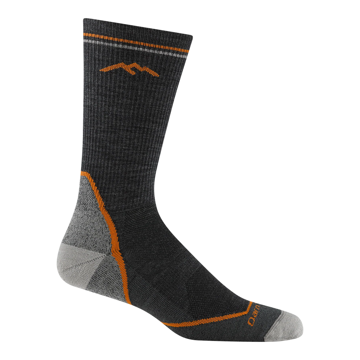 Darn Tough charcoal boot-height hiking sock with an orange mountain motif, orange accent lines, and gray heel and toe panels.