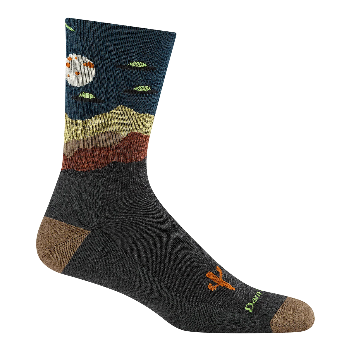 Darn Tough charcoal micro crew sock with UFOs and a moon above desert hills, an orange cactus, and tan heel and toe.