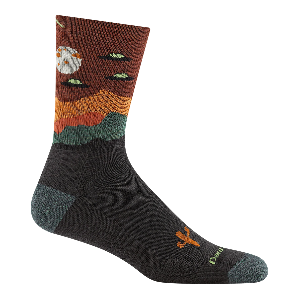 Darn Tough micro crew sock with UFOs and a moon in a walnut-brown sky above colorful desert hills, and teal heel and toe.