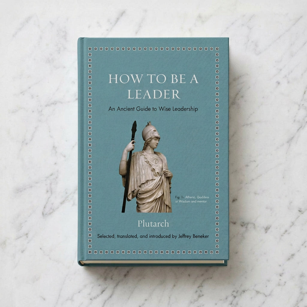 Teal cover of How to Be a Leader by Plutarch, translated by Jeffrey Beneker, featuring a statue of Athena holding a spear.