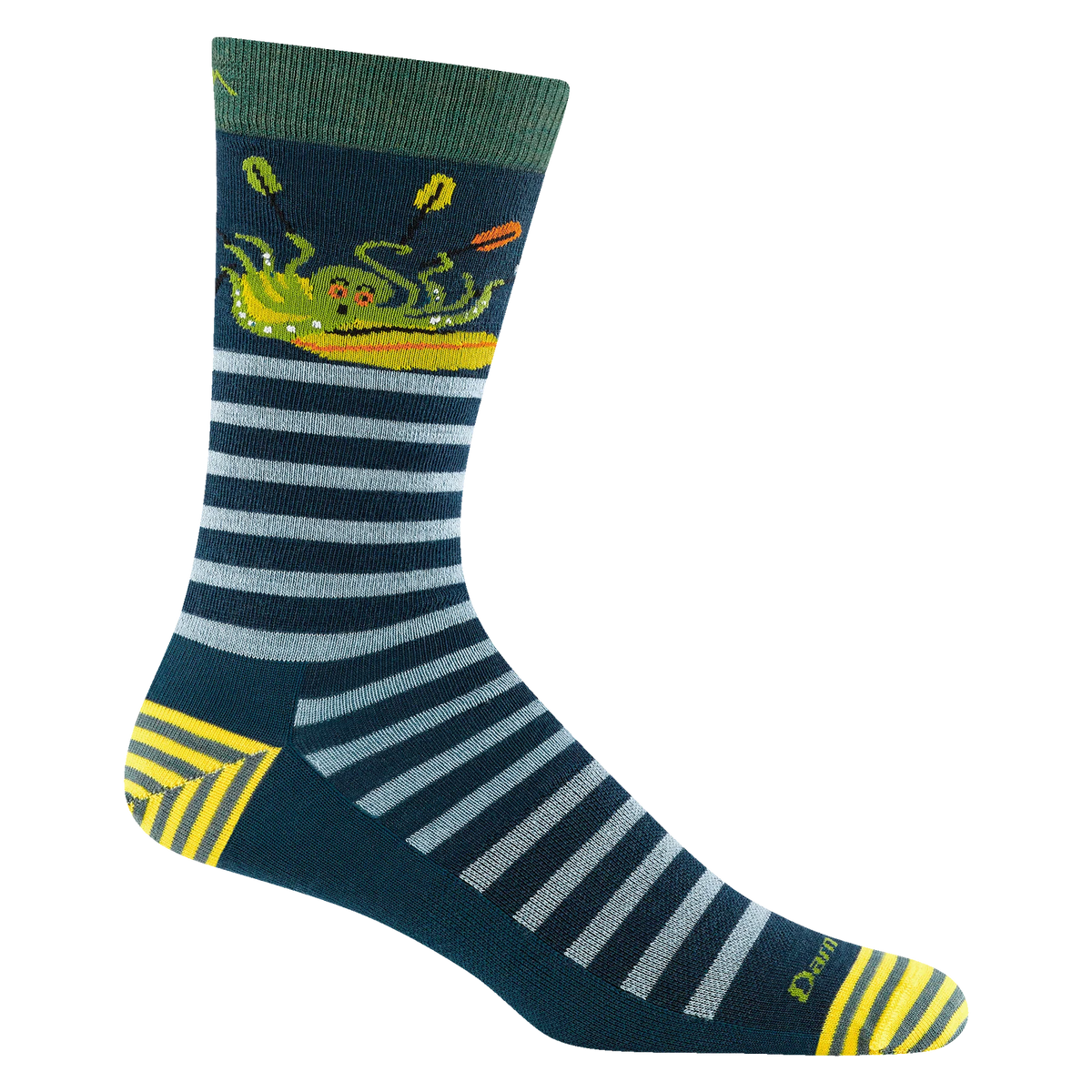 Sock with striped pattern and cartoon octobus design on a white background