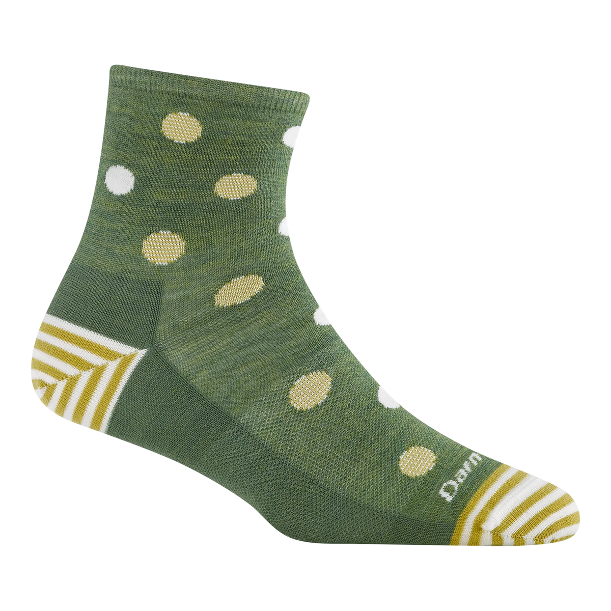 Darn Tough green shorty sock with pale yellow and white polka dots and yellow-and-white striped heel and toe.