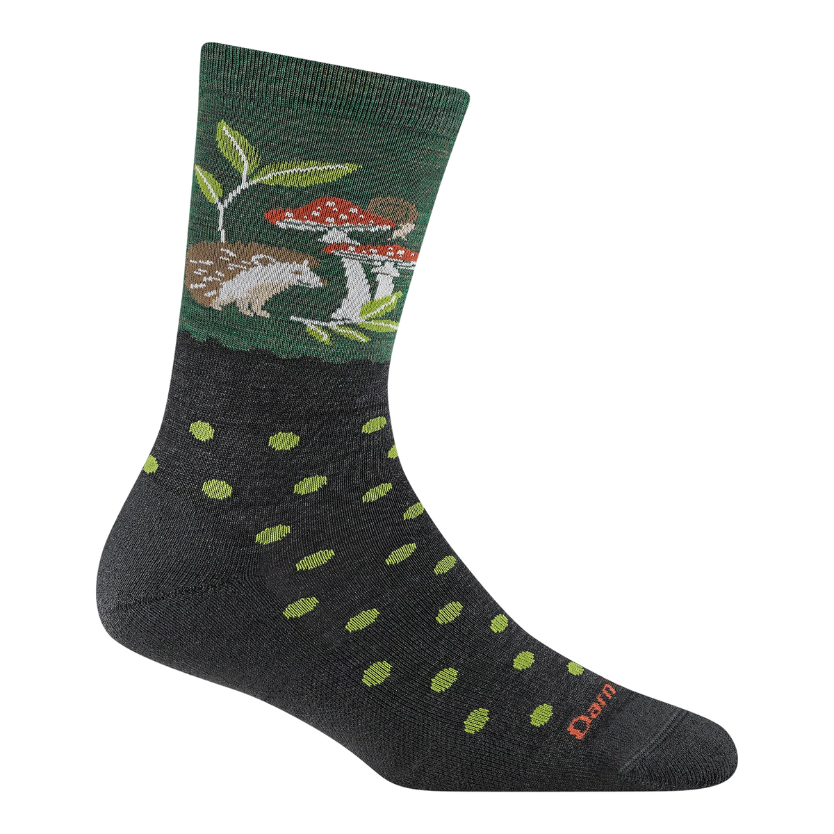 Sock with hedgehog and mushroom design on a white background