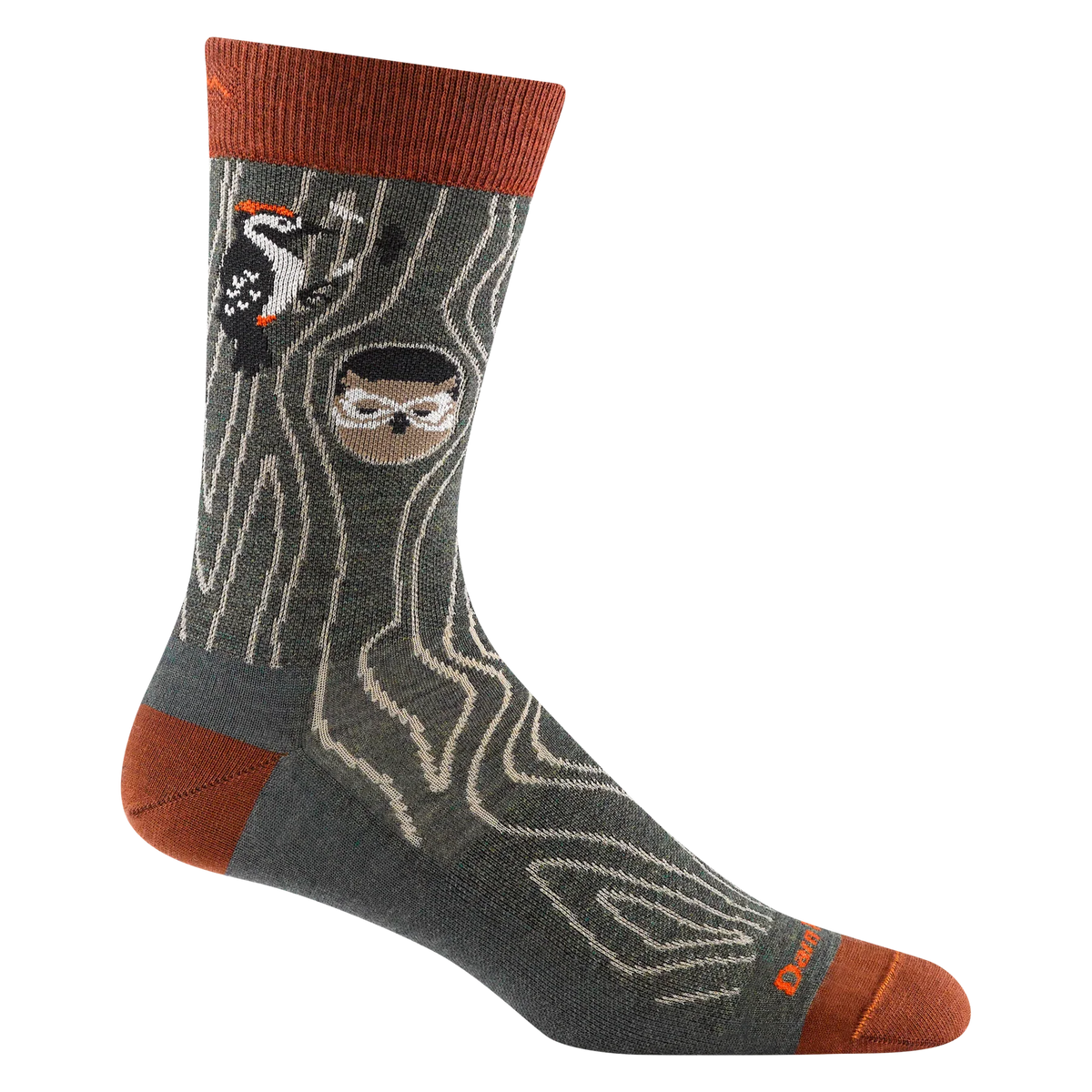 Gray sock with brown accents featuring a design of a bird and a face on a white background