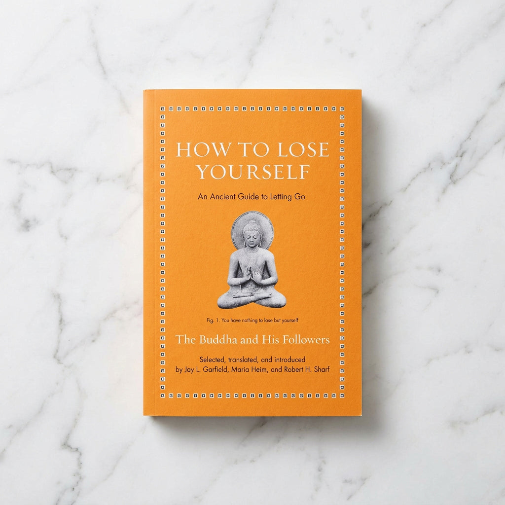 Orange cover of How to Lose Yourself: An Ancient Guide to Letting Go by The Buddha and His Followers, featuring a seated Buddha statue.