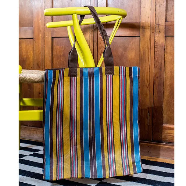 Woven Market Shopper in Yellow, Saxe Blue & Rose Beige