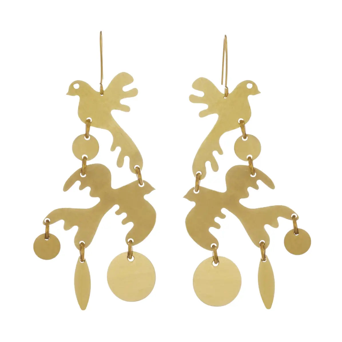 Pair of Sibilia Two Little Birds Earrings, featuring two stacked matte gold brass bird silhouettes with organic branch-like cutouts, with dangling small round disc and leaf-shaped charms at the bottom, on gold wire hooks, on a white background