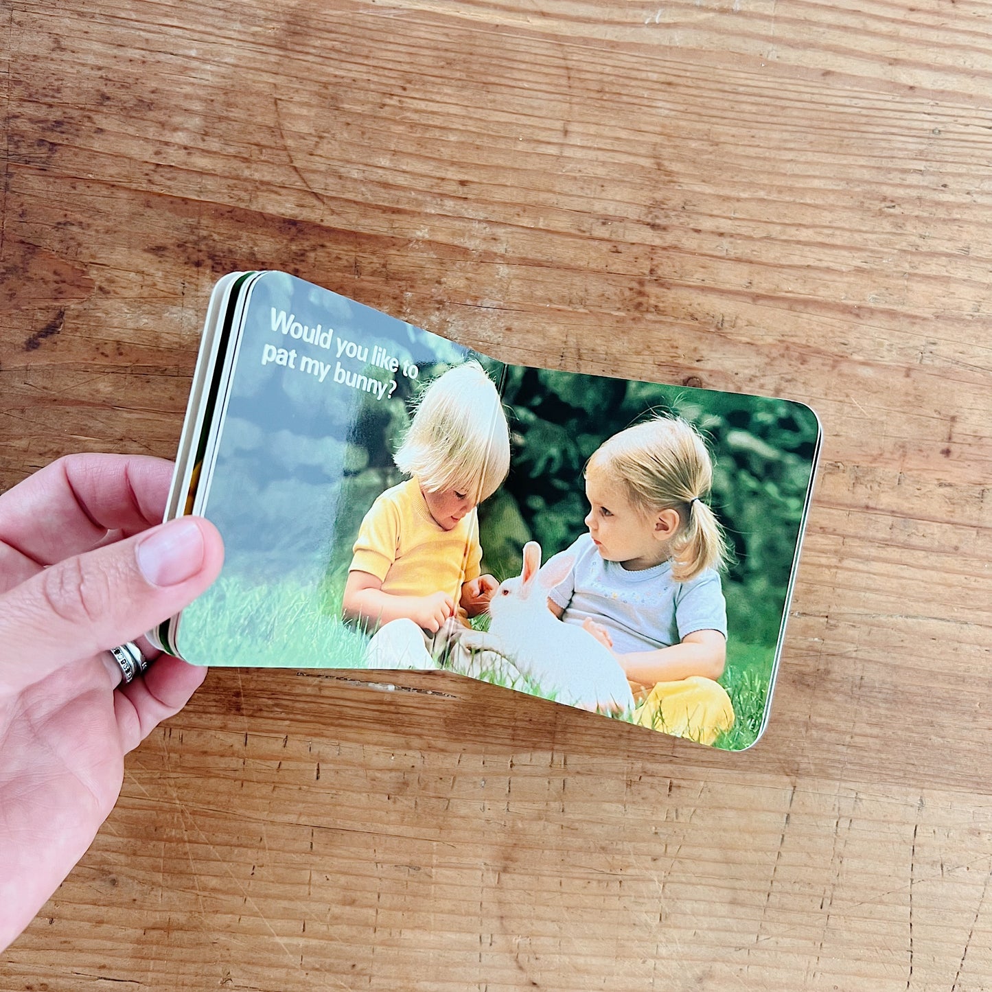 Interior spread of Baby's Animal Friends board book held open in a hand against a warm wood surface, showing a full-bleed photograph across both pages of two young blond children — a boy in a yellow shirt and a girl with a ponytail in a light blue shirt — sitting together on green grass and gently petting a small white rabbit between them, with white text overlay on the left reading "Would you like to pat my bunny?"