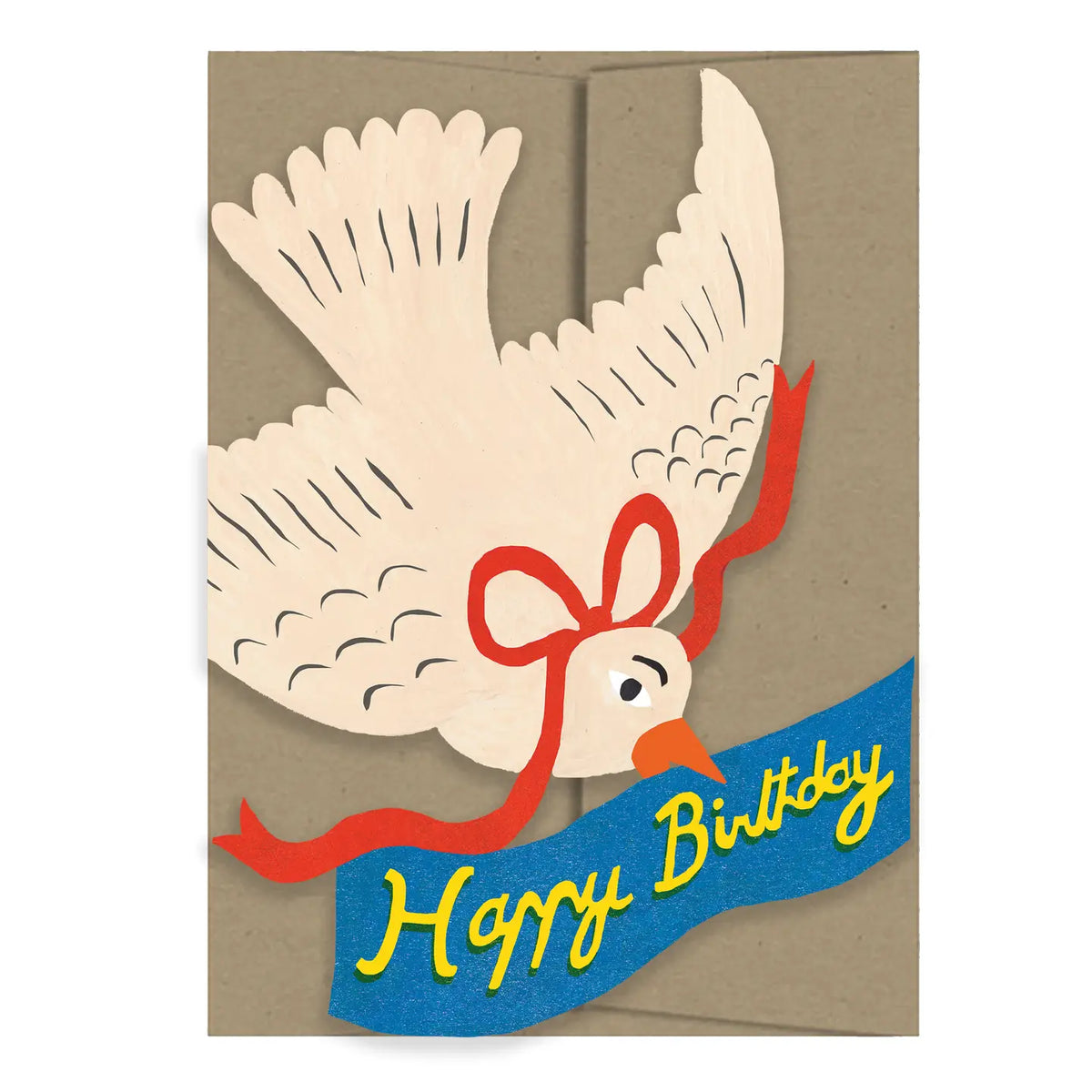 Isatopia Happy Birthday Bird Die-Cut Card, cream bird with outstretched wings and a red ribbon above a blue “Happy Birthday” banner, shown against a kraft envelope.