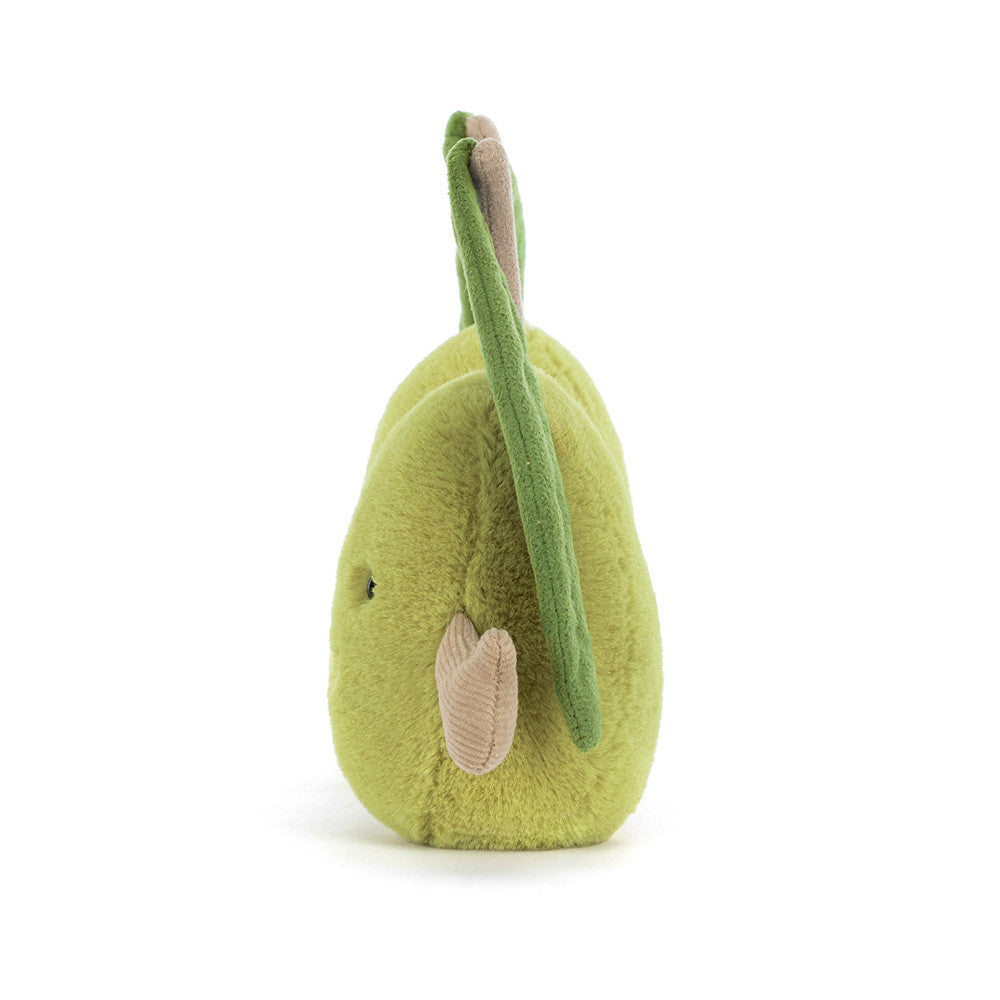 Green plush olive toy with stem on a white background, viewed from the side