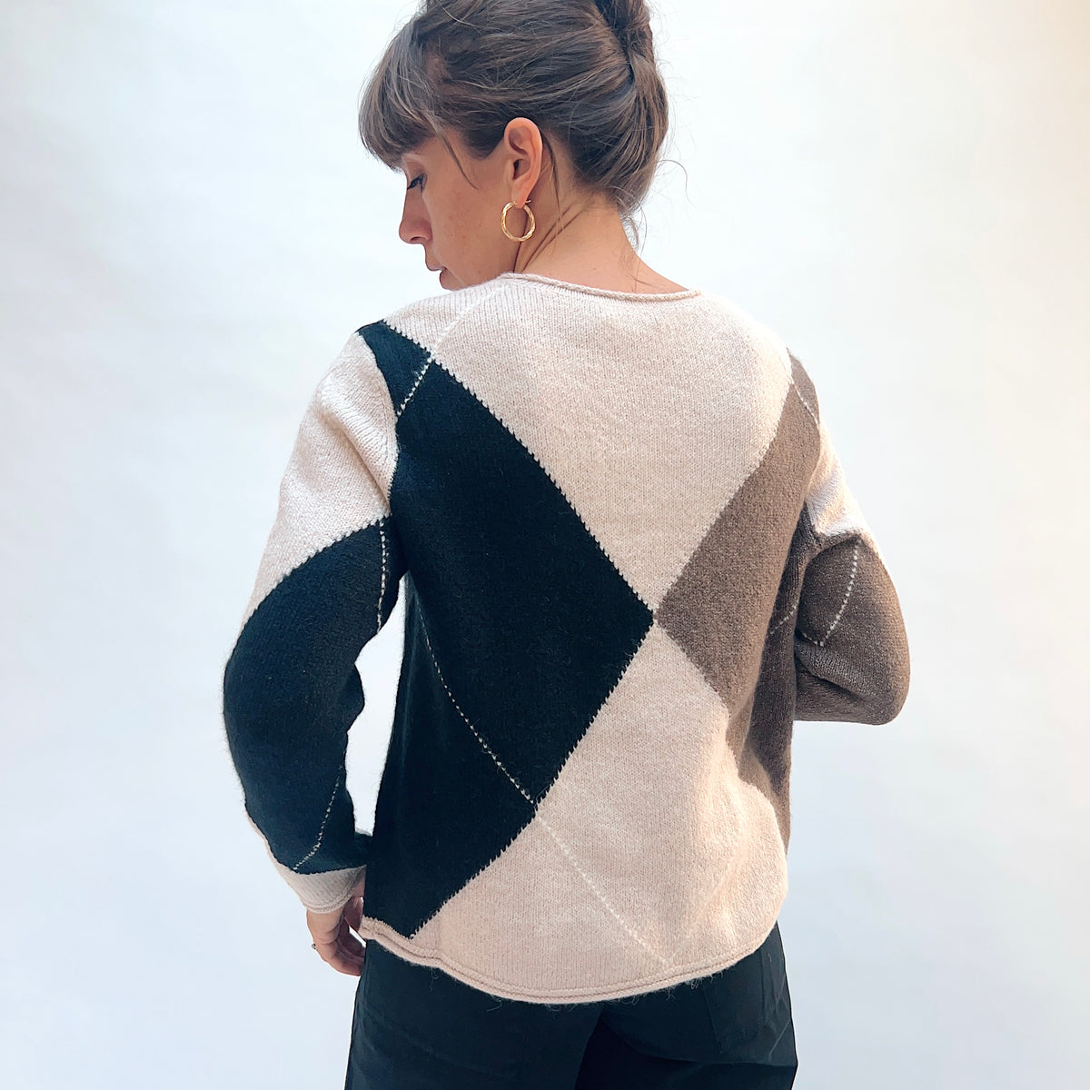 Habitat Alpine Argyle Pullover in Dove, back view showing the large-scale argyle pattern in navy and taupe on dove