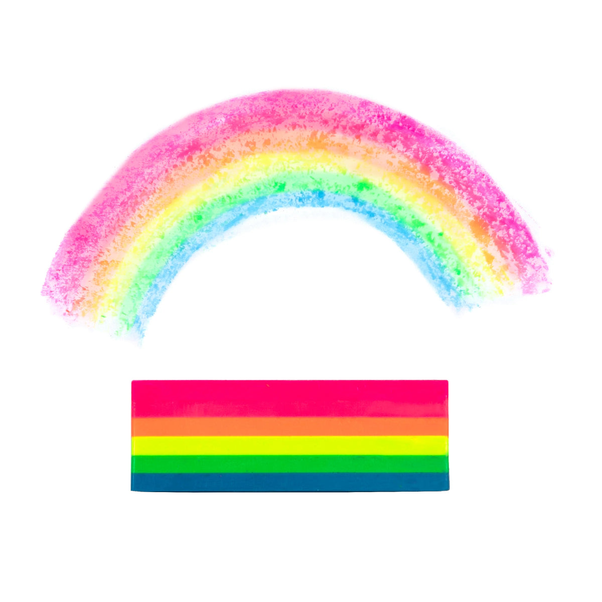 Fluorescent striped jumbo crayon below a rainbow stroke in pink, orange, yellow, green, and blue on white paper.