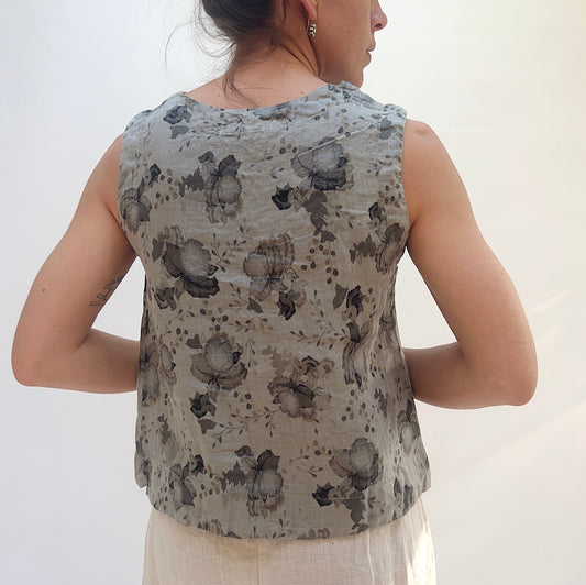 Linen Boxy Tank in Overcast Leoni Floral Print