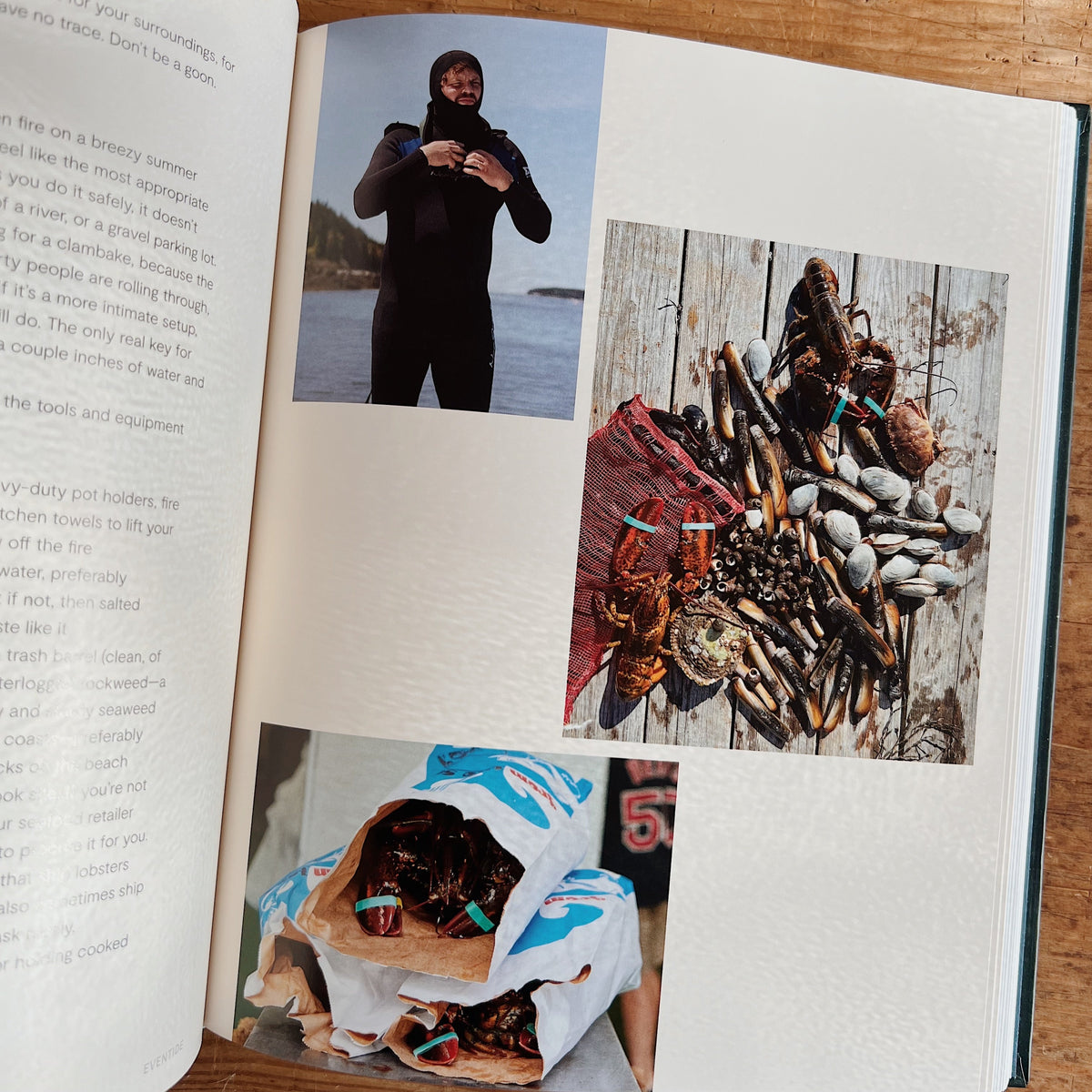 Interior page of Eventide showing a person in a wetsuit, assorted shellfish, and lobsters in paper bags.