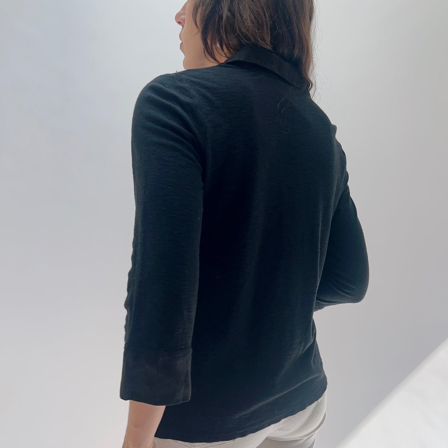V-Neck Button Down in Black Linen Combo
