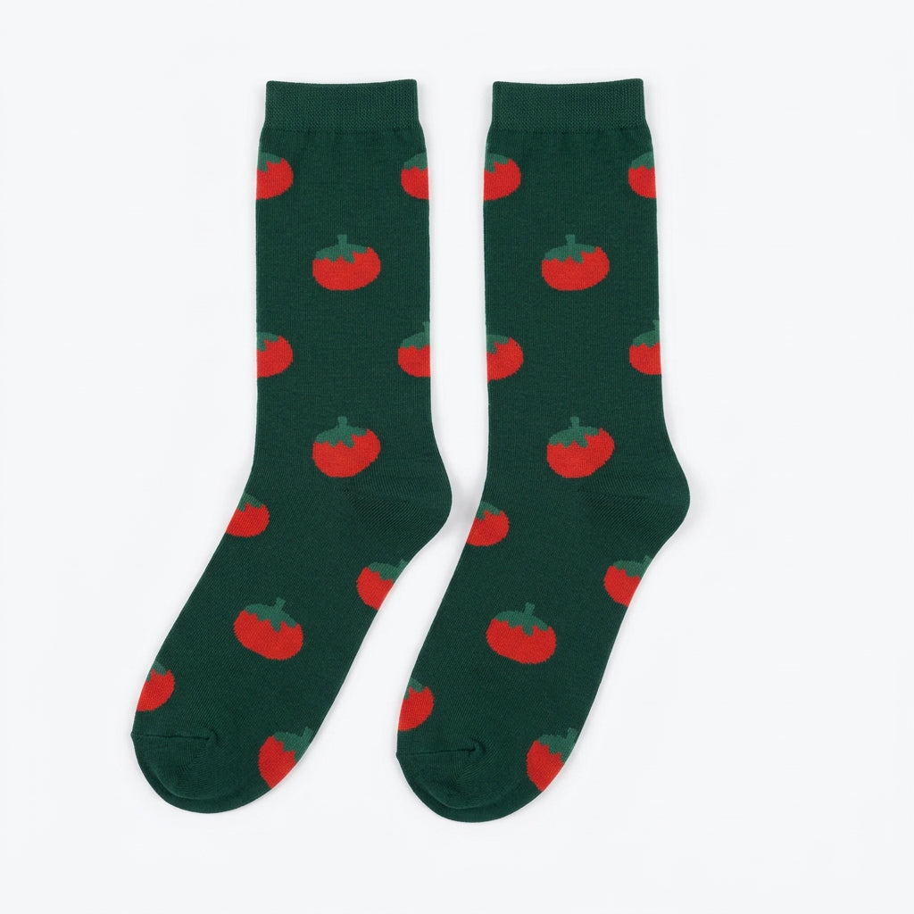 Flat lay view of hunter green crew socks with red tomato motifs, displayed on a white background