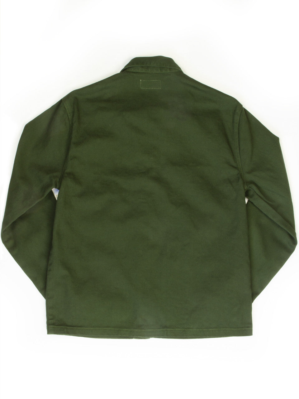 Back view of the Tellason Garment Dyed Coverall Jacket in olive green, showing the clean back panel, long sleeves, and label at the collar