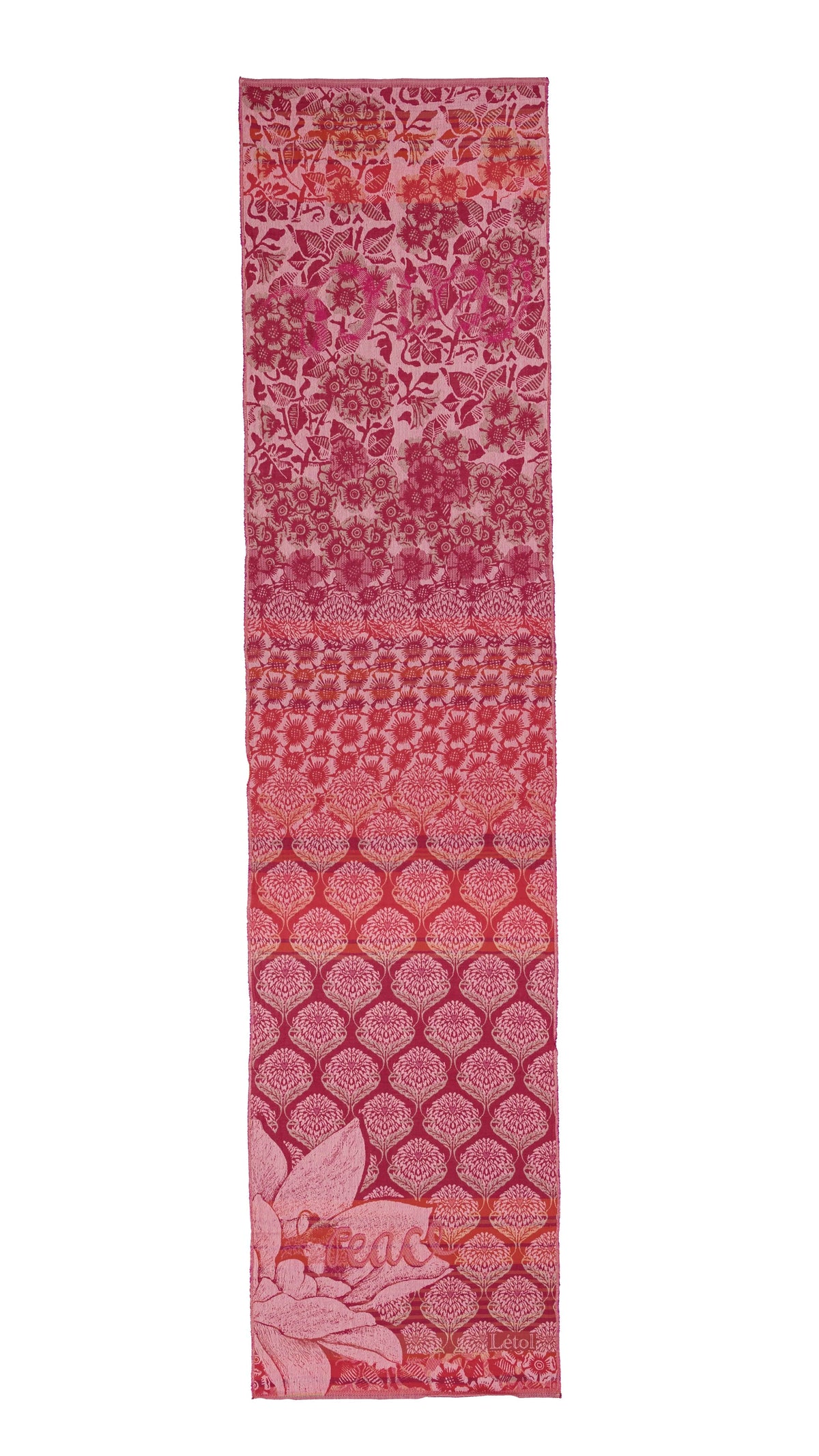 Létol Louise Scarf in Ispahan Pink, laid flat and fully extended against a white background, showing the full length of the scarf with a gradient composition — the top half featuring a dense all-over botanical print with birds and flowers in fuchsia and rose on a light pink ground, transitioning through a geometric ogee lattice band into a lower half with a bold repeating chrysanthemum damask in deep fuchsia and crimson, with a large painterly rose motif at the base