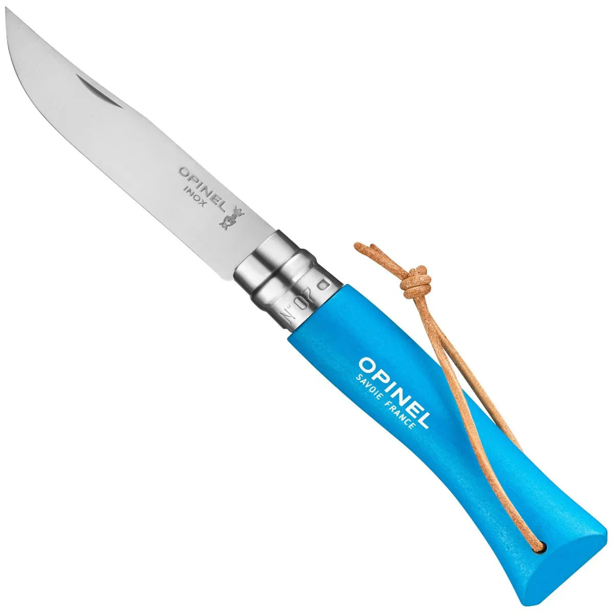 Opinel No.07 Colorama folding knife open, showing stainless steel blade, bright blue hornbeam handle with Virobloc safety ring, and leather lanyard