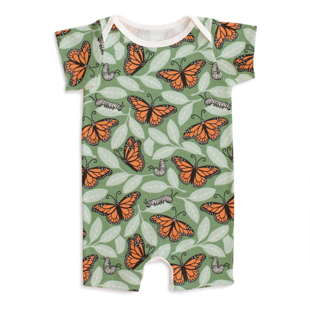 Summer Romper in Dark Green Monarchs