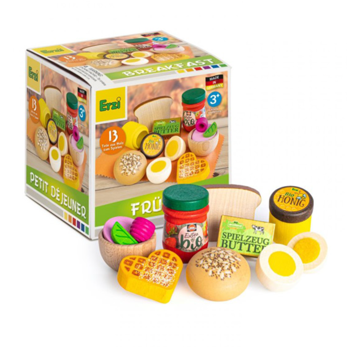 Toy food set with packaging labeled 'Petit Dejeuner' on a white background