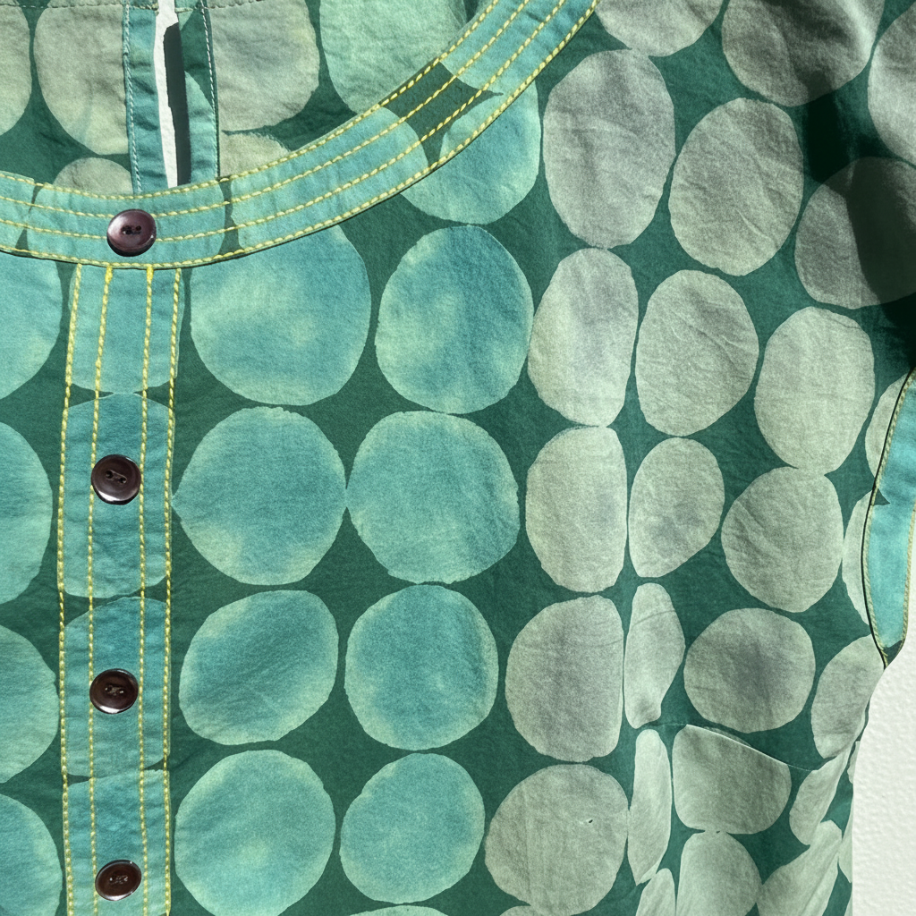 Close-up of a green shirt with white circular pattern and buttons.