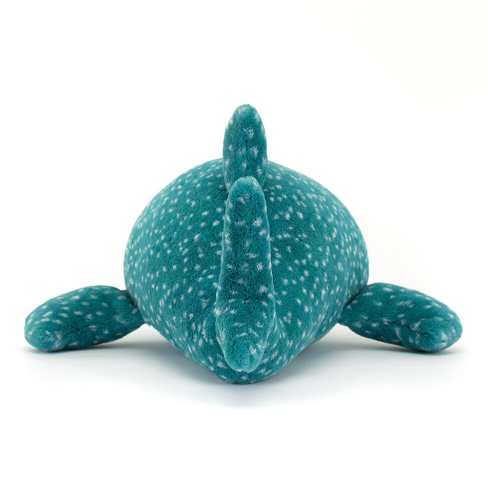 Rear view of Jellycat Gobfrey Whale Shark showing the rounded teal spotted back, dorsal fin, and two small pectoral fins at the sides, on a white background