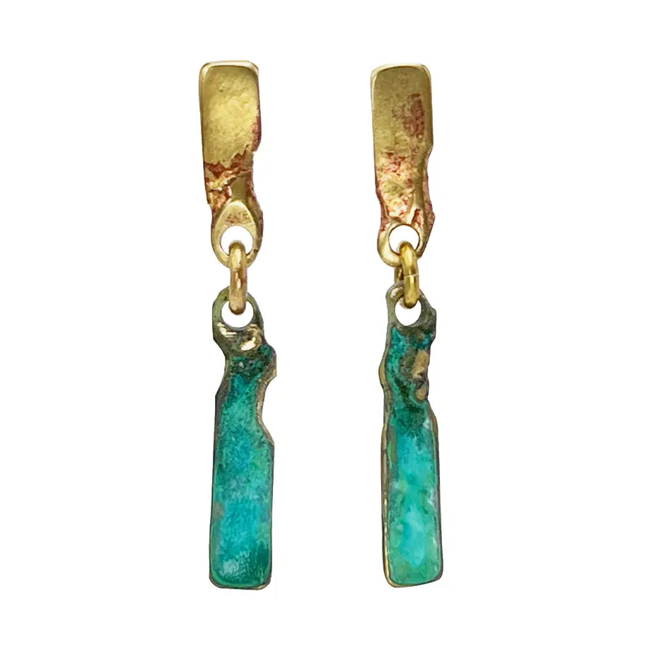 Pair of Sibilia Raiz Earrings in Turquoise Patina, featuring textured gold rectangular stud tops connected via gold rings to elongated turquoise-green patina brass bar drops, on a white background