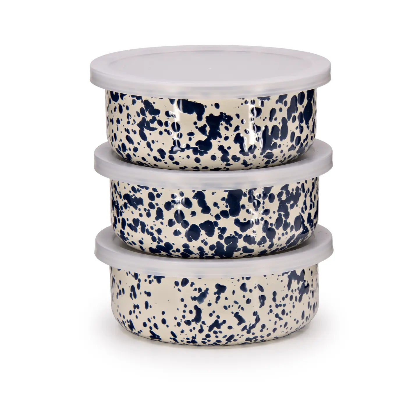 Stack of three ceramic bowls with blue speckled pattern on a white background