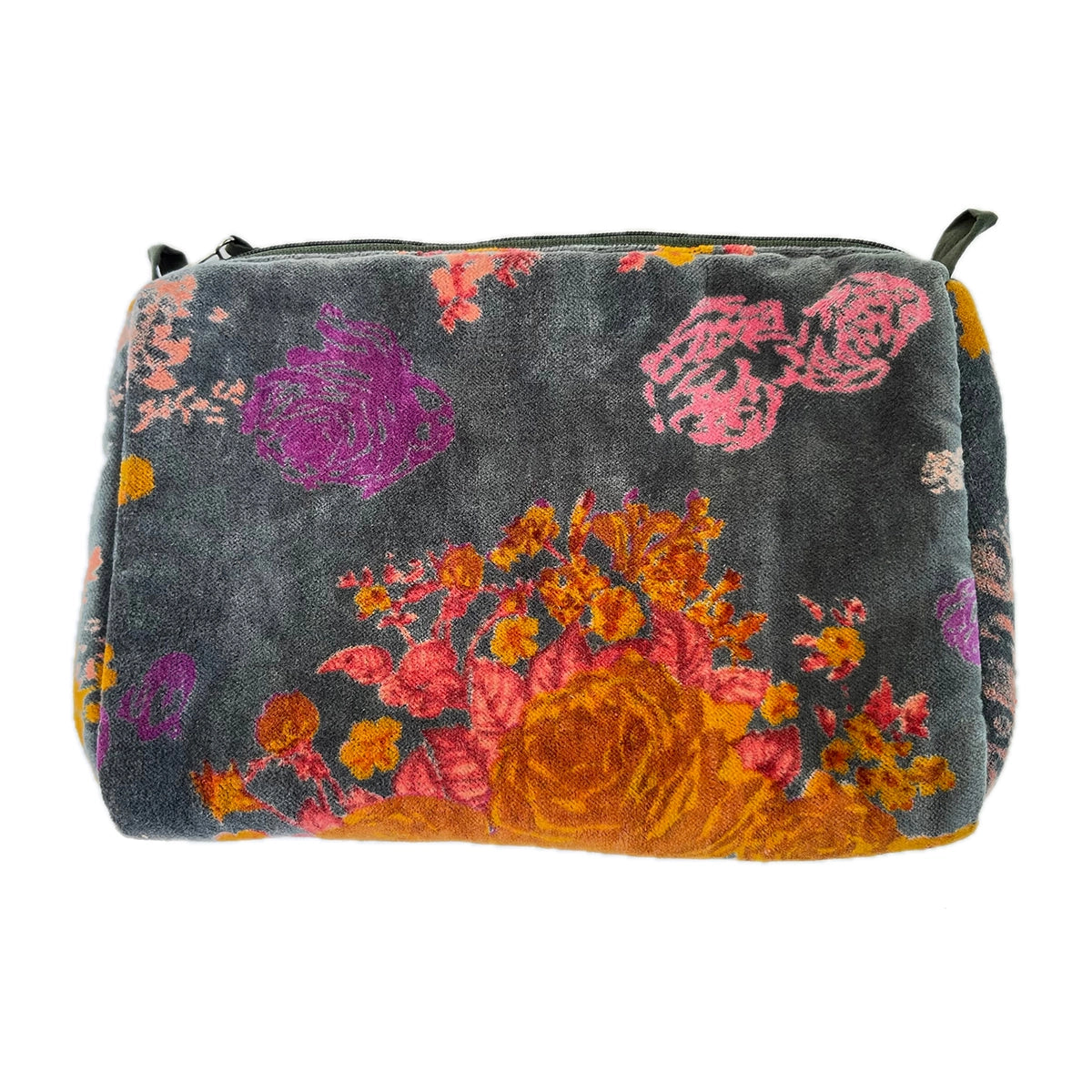 Rome Velvet Pouch Big Roses Charcoal