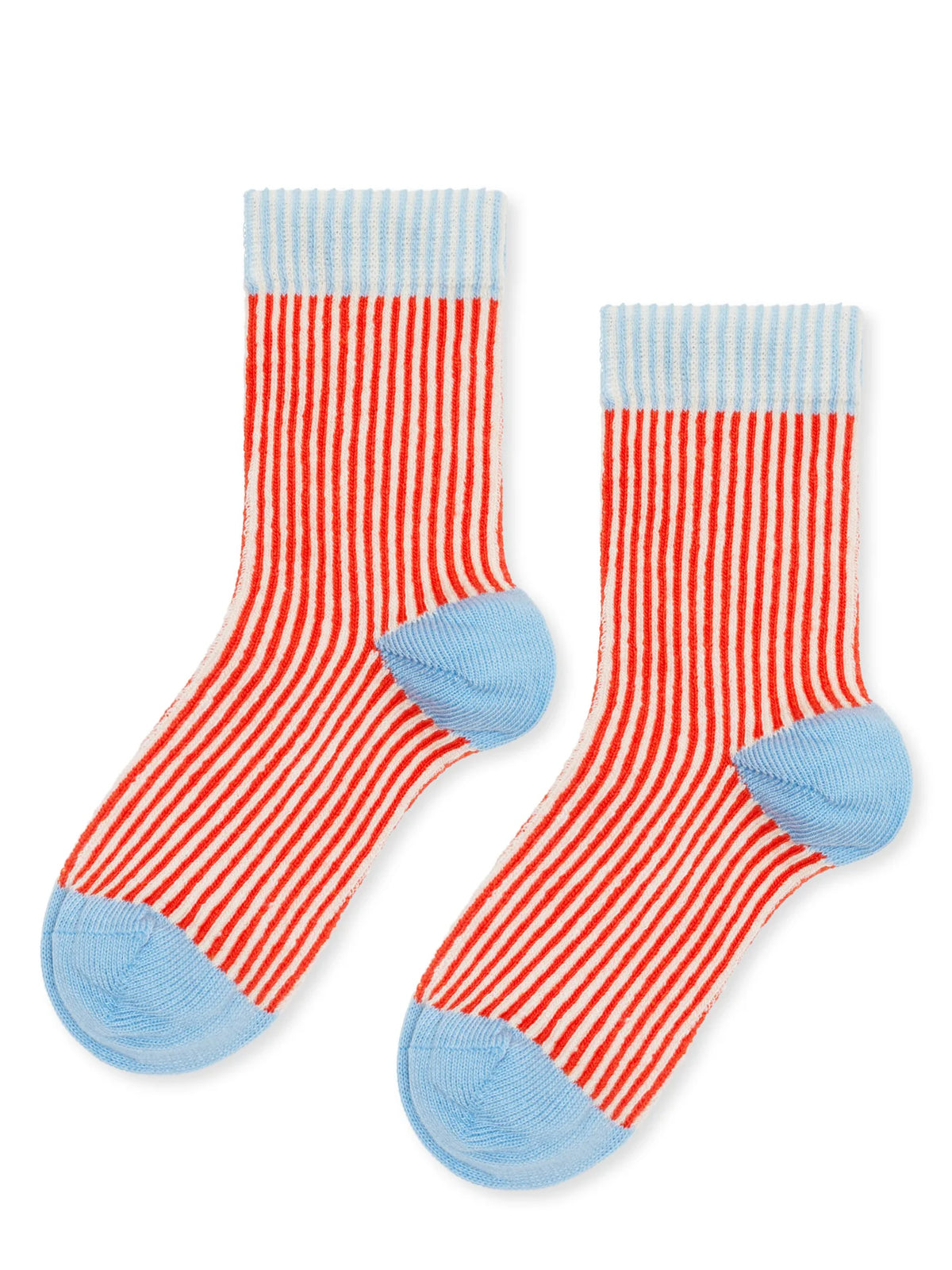 Flat lay of Mini Umbrella Crew socks in Persimmon with red-orange and cream stripes and pale blue cuffs, heels, and toes.