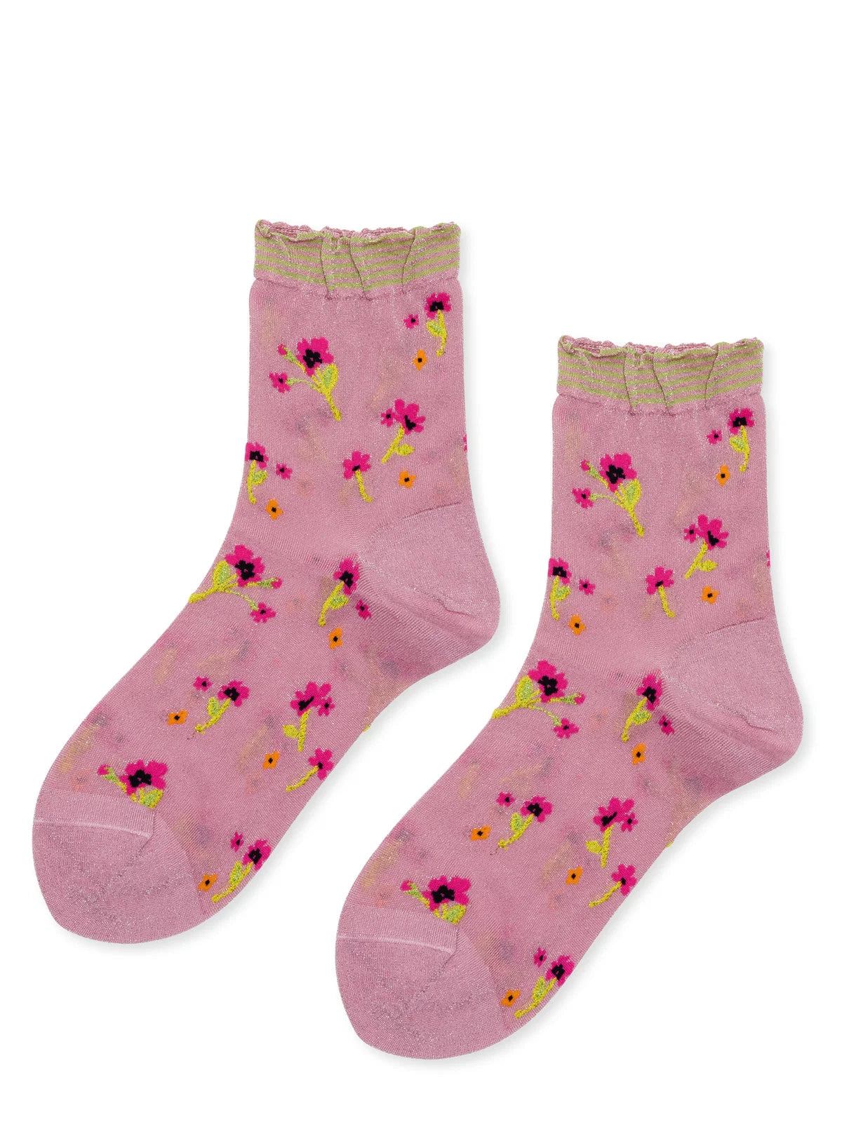 Lumiesta Floral Short Crew socks in Pink — sheer pink nylon short crew with allover pink, orange, and yellow floral motif and tan striped ruffle cuff, flat lay pair on white background