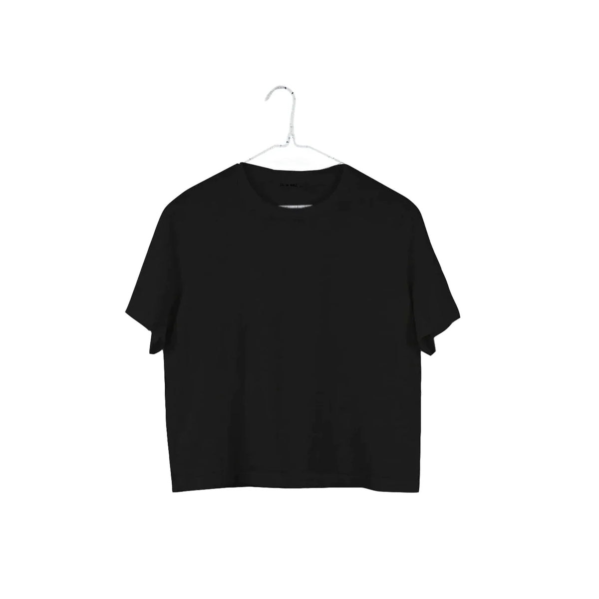 It Is Well Boxy Cotton Crop Tee in Black, flat hanger shot on white background showing solid black 100% cotton mid-weight slub jersey, wide round neck, short dropped sleeves, and cropped boxy silhouette