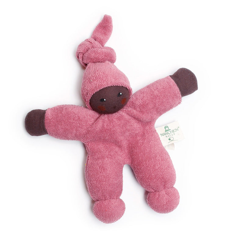 Dusty pink terry cloth doll with knotted hat, dark complexion, arms and legs outstretched, on white background