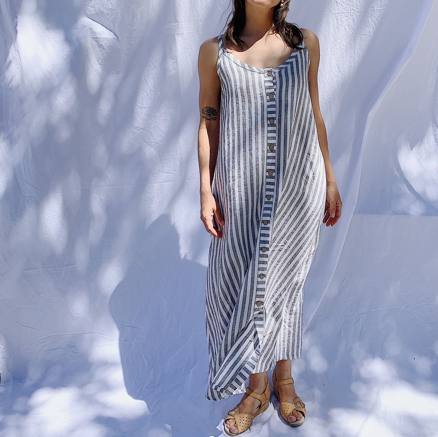Button Front Dress in Grey Stripe