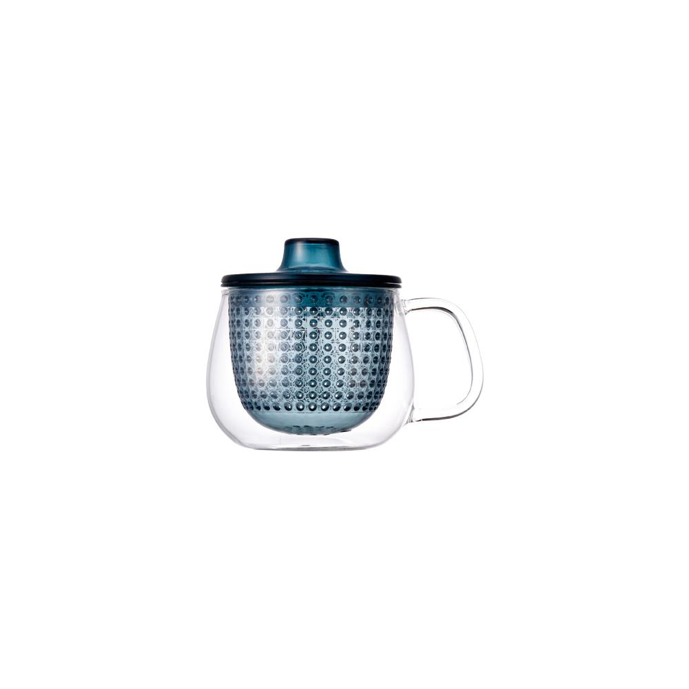 Kinto Unimug in Navy — clear glass mug with navy dotted strainer insert and navy lid, 350ml