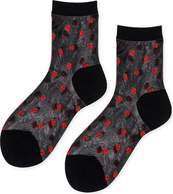 Baby Strawberry Sheer Crew Socks in Black
