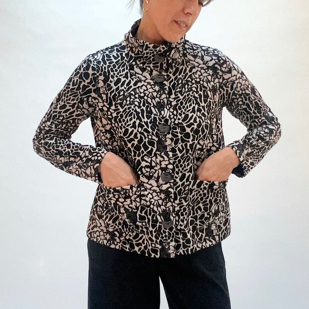 Habitat Spot on Cropped Jacket in Dove, front view showing the button placket, patch pockets, and fitted cropped silhouette in abstract spot jacquard
