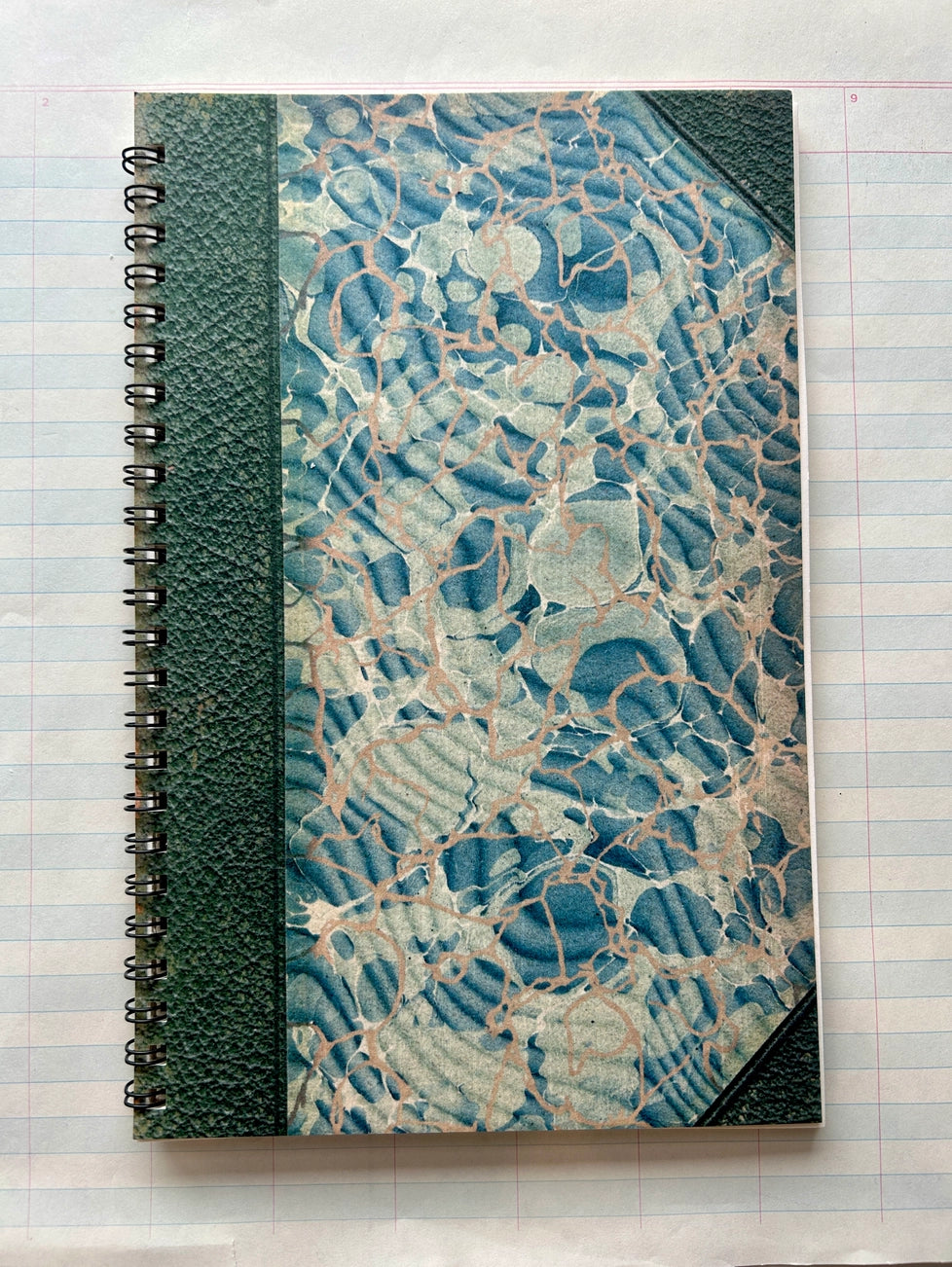 Large Antique Endpaper Notebook, Blue & Green, Grid Lined