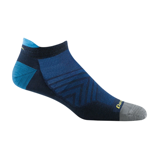 Blue ankle sock with black accents on a white background
