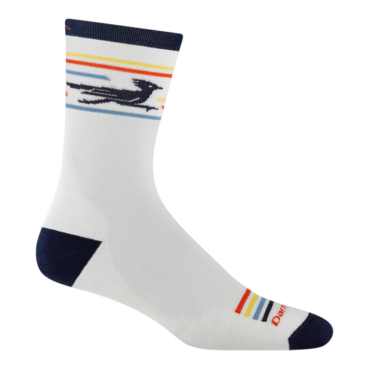 White sock with colorful stripes and a logo on a white background