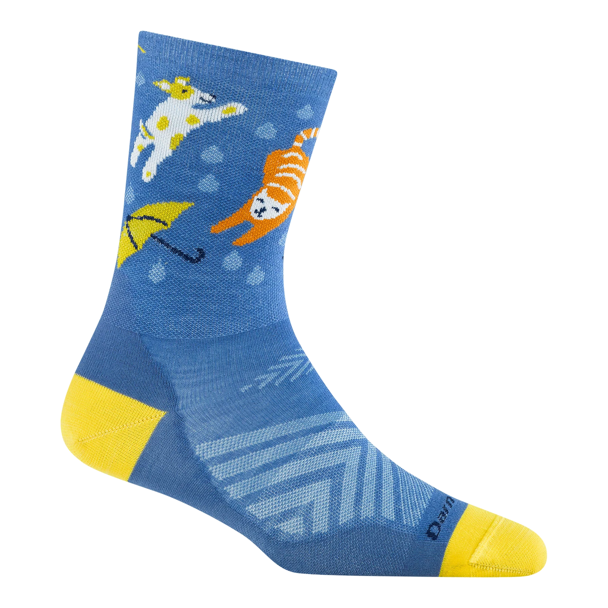 Blue sock with cartoon dog and cat design on a white background