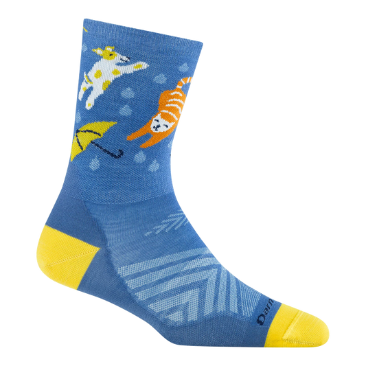 Blue sock with cartoon dog and cat design on a white background