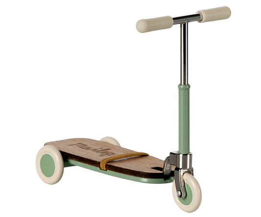 Maileg Mouse Kickboard in Mint — a miniature three-wheeled scooter in mint green metal with a wooden deck, elastic foot strap, cream-tipped handlebar grips, chrome stem, and mint-rimmed wheels, on a white background
